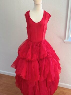 Red Layered Tulle Ballgown with Scoop Neck